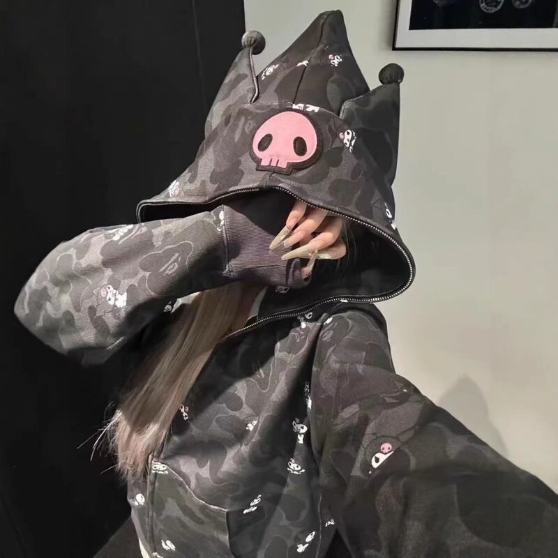 Ceiling Bape Collaboration Hello Kitty Kuromi Hooded Sweatshirt for Women, Trendy Brand Loose Jacket for Spring