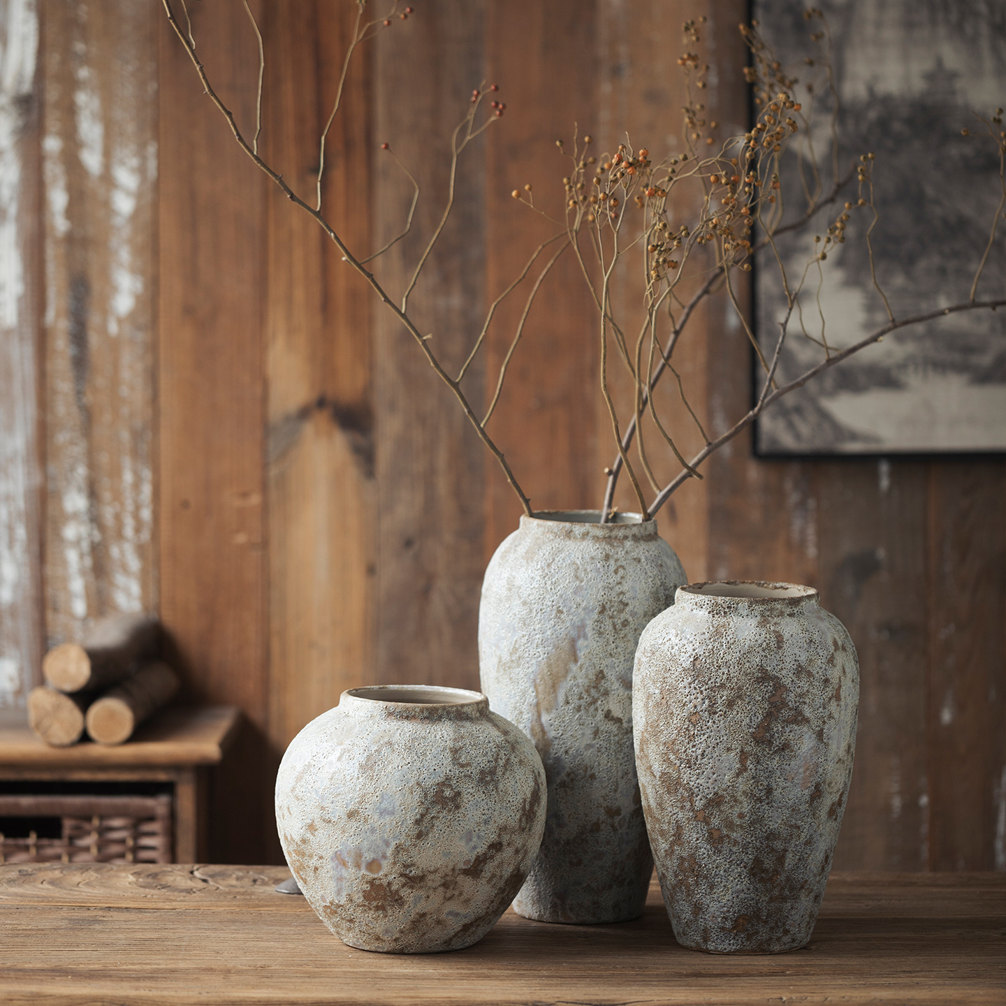 Jingdezhen se sorprendió por el silencio de la porcelana azul y blanca Zen jarrón de cerámica marrón claro moteado barro grueso jarrón de cerámica ambiente retro flores de arte image 1