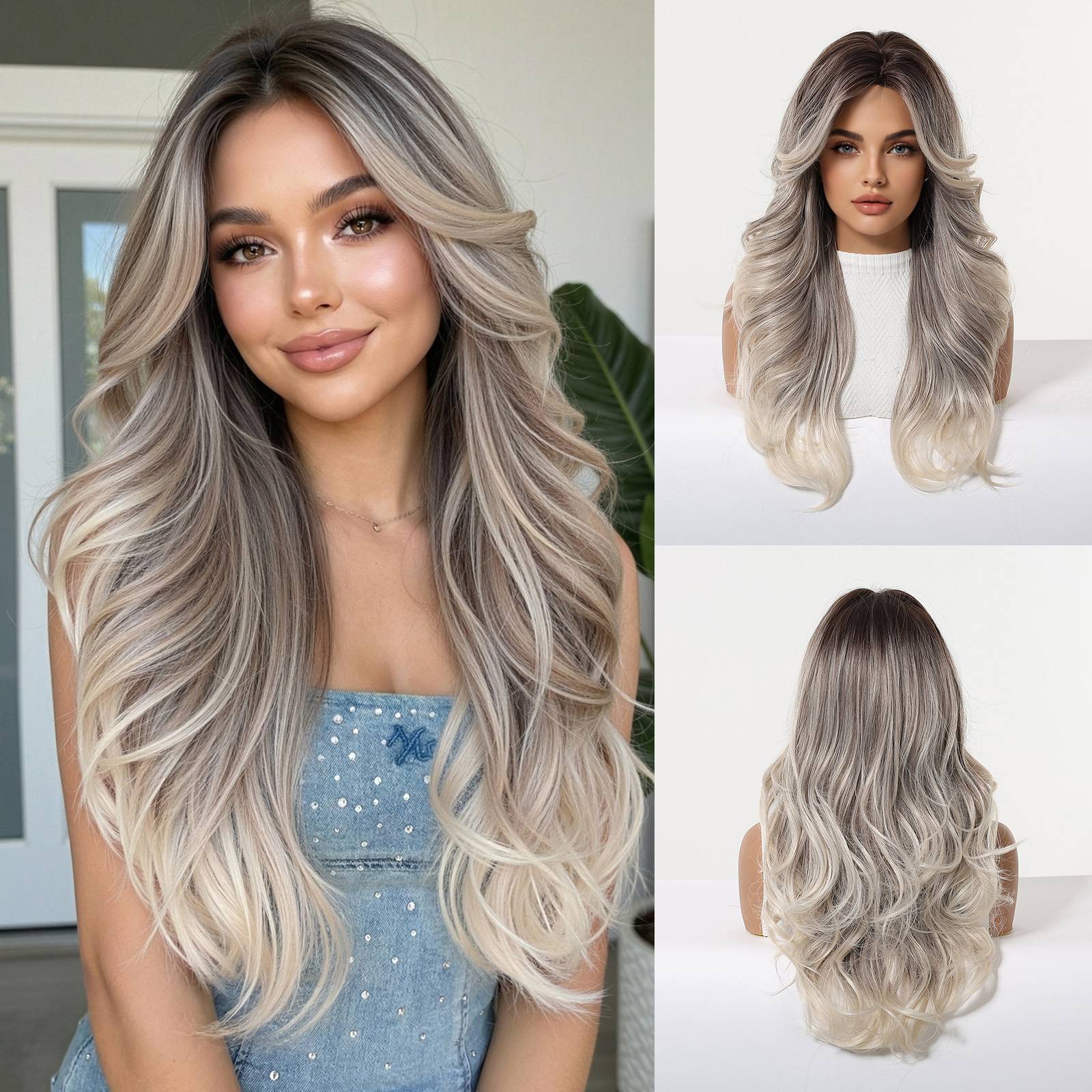 Peluca de Cabello Largo y Rizado con Degradado Blanco Dorado, Estilo Europeo y Americano, Natural y Moderna, con Ondas Grandes, para Mujer