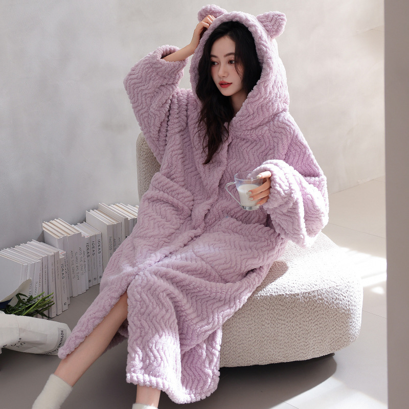 Winter New Coral Velvet Nightgown, Women's Pajamas, Heated Warm Robe, Cardigan, Hooded Home Clothes, Cross-Border Hot Style Winter New Coral Velvet Nightgown, Women's Pajamas, Heated Warm Robe, Cardigan, Hooded Home Clothes, Cross-Border Hot Style