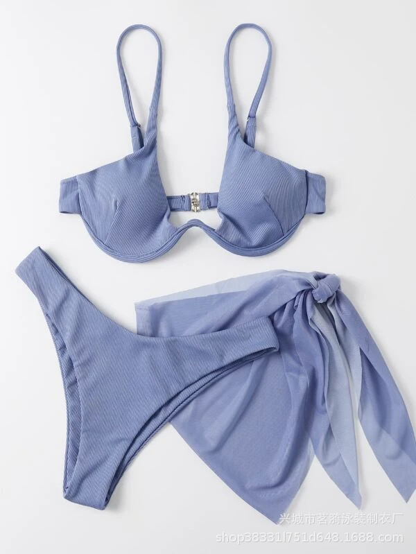 Mingyi nuevo color sólido pequeño hoyo falda de malla europea y americana sexy bikini dividida de tres piezas traje de baño de las mujeres