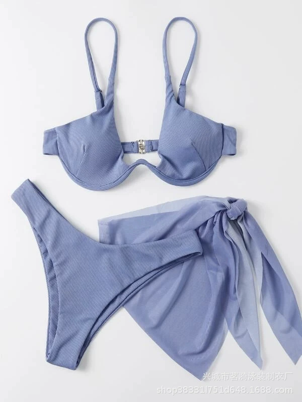 3-piece women's swimwear set, European style solid split design, adjustable straps