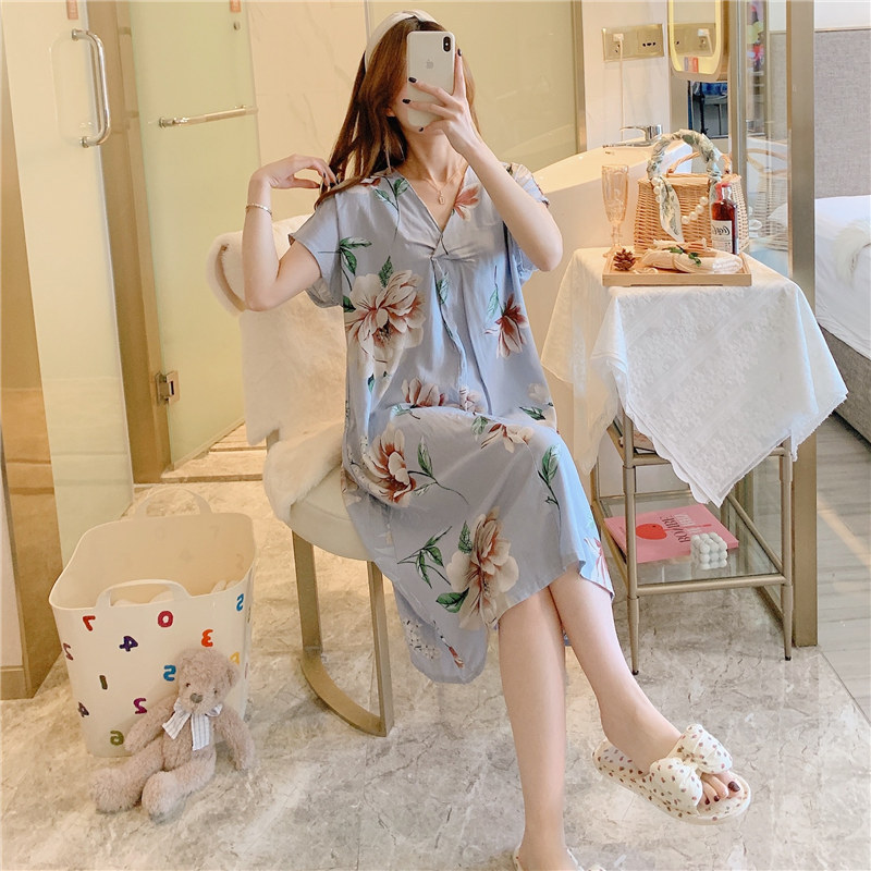 Camisón de seda de algodón para mujer verano nuevo Pijama estampado de dibujos animados de manga corta estilo coreano más tamaño ropa para el hogar suelta de seda de algodón delgada