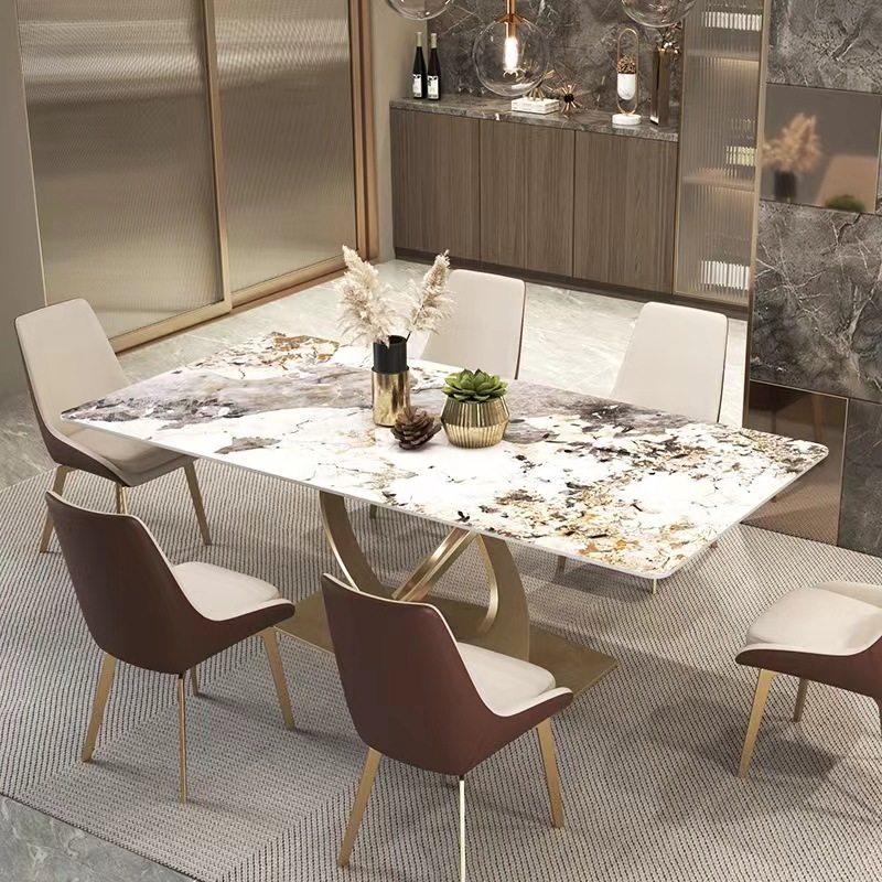 Pandora mesa de comedor de tabla de roca de lujo ligero de alta gama moderna y simple mesa de superficie brillante rectangular nórdica pequeña casa