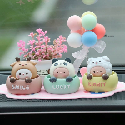 cartoon shaking head animals — Car ornaments - little-deer-panda-puppy-balloon-pink-potted-plant-pink-lucky-mat