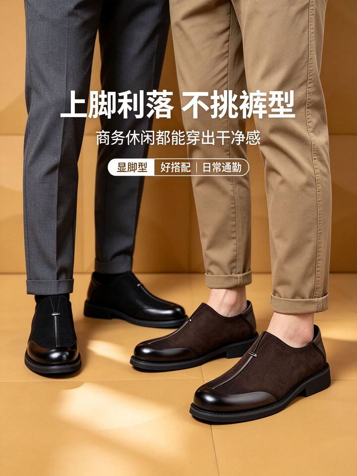 Giày da nam mũi vuông da thật kiểu lười xỏ chân, dễ phối đồ — Màu nâu tây., Thời trang đen chi tiết 22