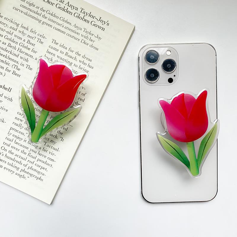 Minimalist phone airbag holder with small fresh tulip flower back, stable Instagram style and niche finger ring buckle_voghion.com