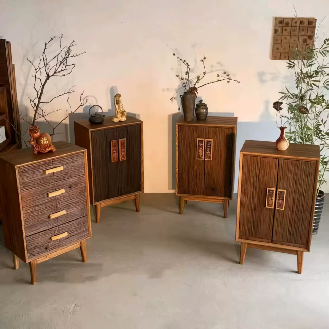 侘寂风实木餐边柜老榆木斗柜玄关收纳柜客厅带抽屉储物柜民装饰柜