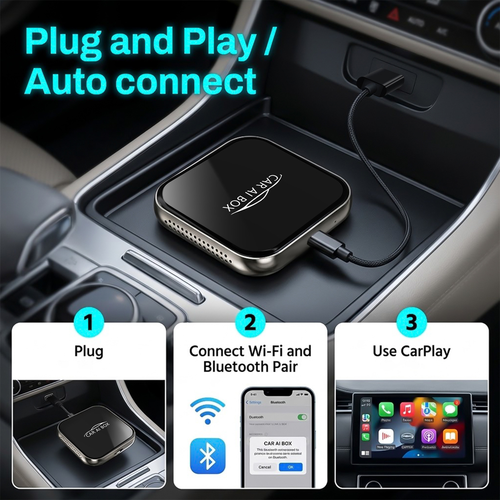 Four-in-one car wireless CarPlay box, wired to wireless, Android and Apple screen mirroring and interconnection module