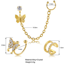 Elegant European and American Diamond Butterfly Earrings Set, Full Diamond, Ins C-Shaped, No Piercing Earring Bone Clips, Embellished with Water Diamond Earrings for Wholesale