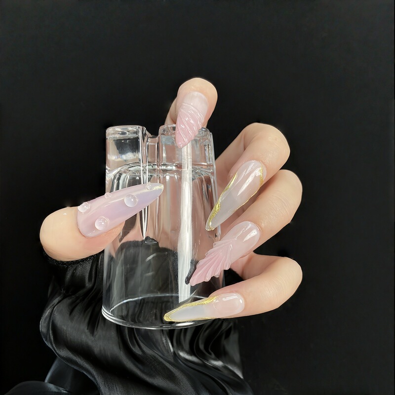 Cross-Border Popular Fairy Style Mermaid Gold Foil Wearable Nails European and American Three-Dimensional Relief Pearl Manicure Whitening Bridal Nails