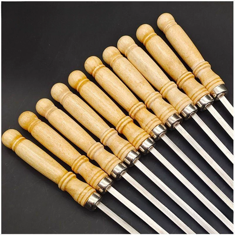 Шампуры для барбекю из нержавеющей стали с деревянными ручками, утолщенные большие бытовые шампуры для баранины, плоские железные шампуры для барбекю.