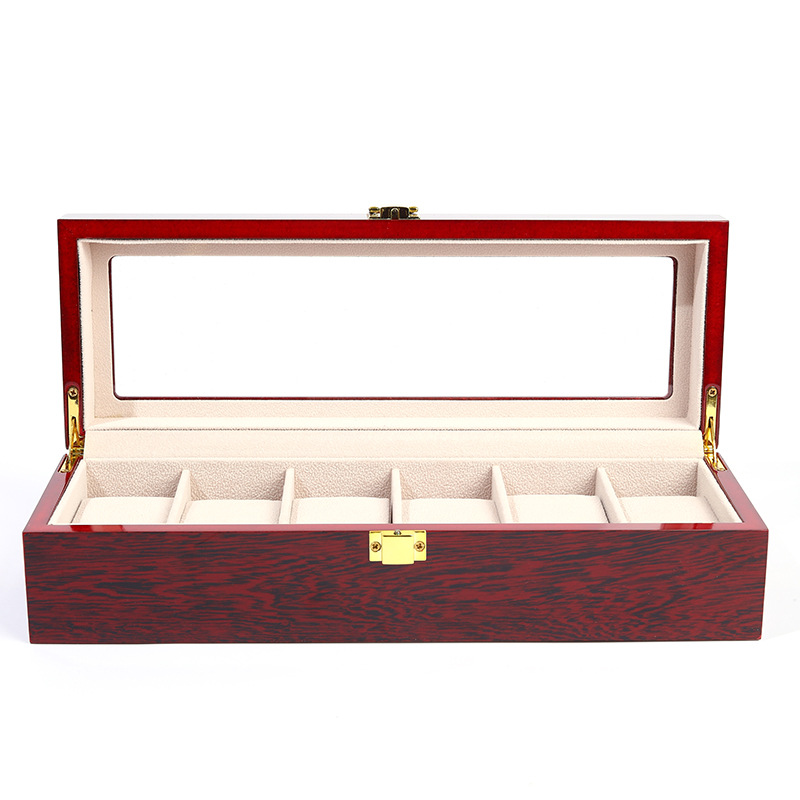 Caja de reloj pintada de 6 bits Flip rojo pintura brillante reloj caja de almacenamiento caja de reloj de madera artesanal