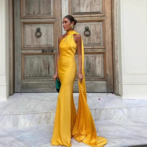 ZA AliExpress Bestseller Cross-Border Foreign Trade Women's Fashion Elegant Light Mature Backless Strappy Halter Neck Long Dress in European and American Style