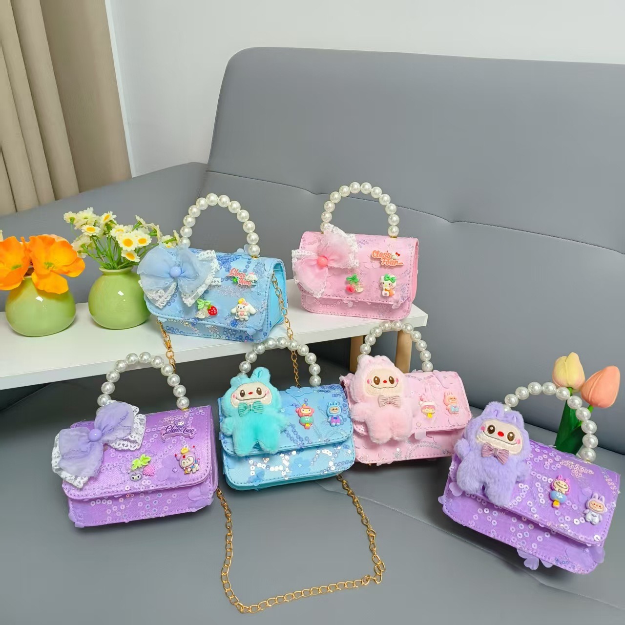 Niños perlas bolsos portátiles de princesa bolsos de cinturón de viento fragante bolsos de Año Nuevo de chicas bolsos de arco de cadena bolsos pequeños
