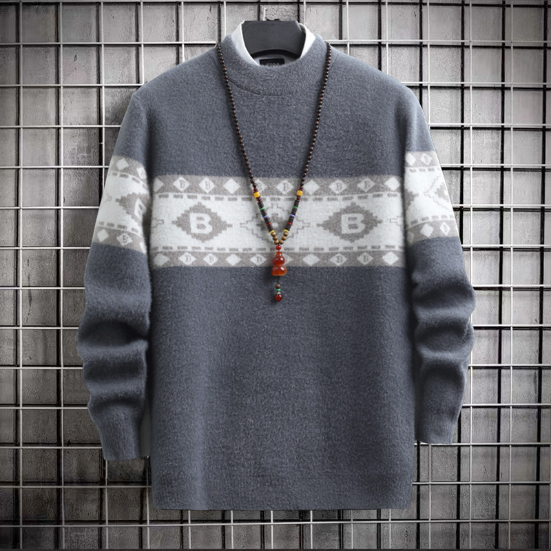 Source manufacturers national postage autumn and winter sweater men's mink wool new round neck thickened warm base sweater