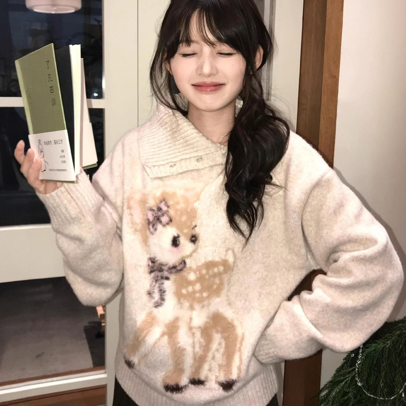 Cute Style Christmas Deer Jacquard Lapel Knitwear Autumn and Winter Design Loose and Lazy College Style Knitwear Wear