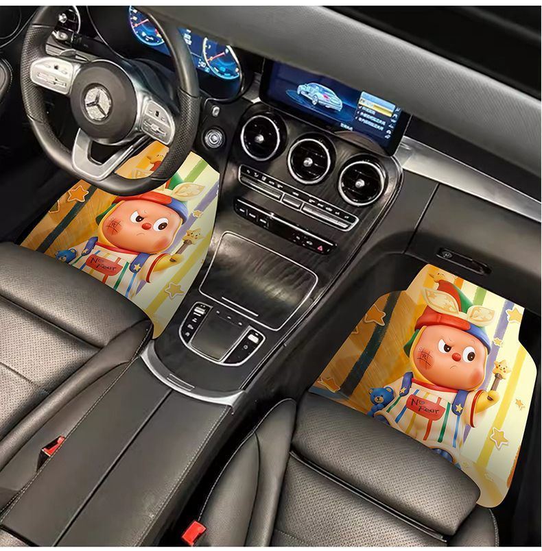 Retro cartoon-style, cute linen car floor mats: absorbent, non-slip, stain-resistant, dirt-repellent, easy to clean, and suitable for all car models