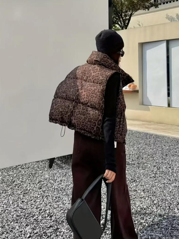 跨境秋冬季新款女式豹纹印花羽绒棉马甲背心|undefined