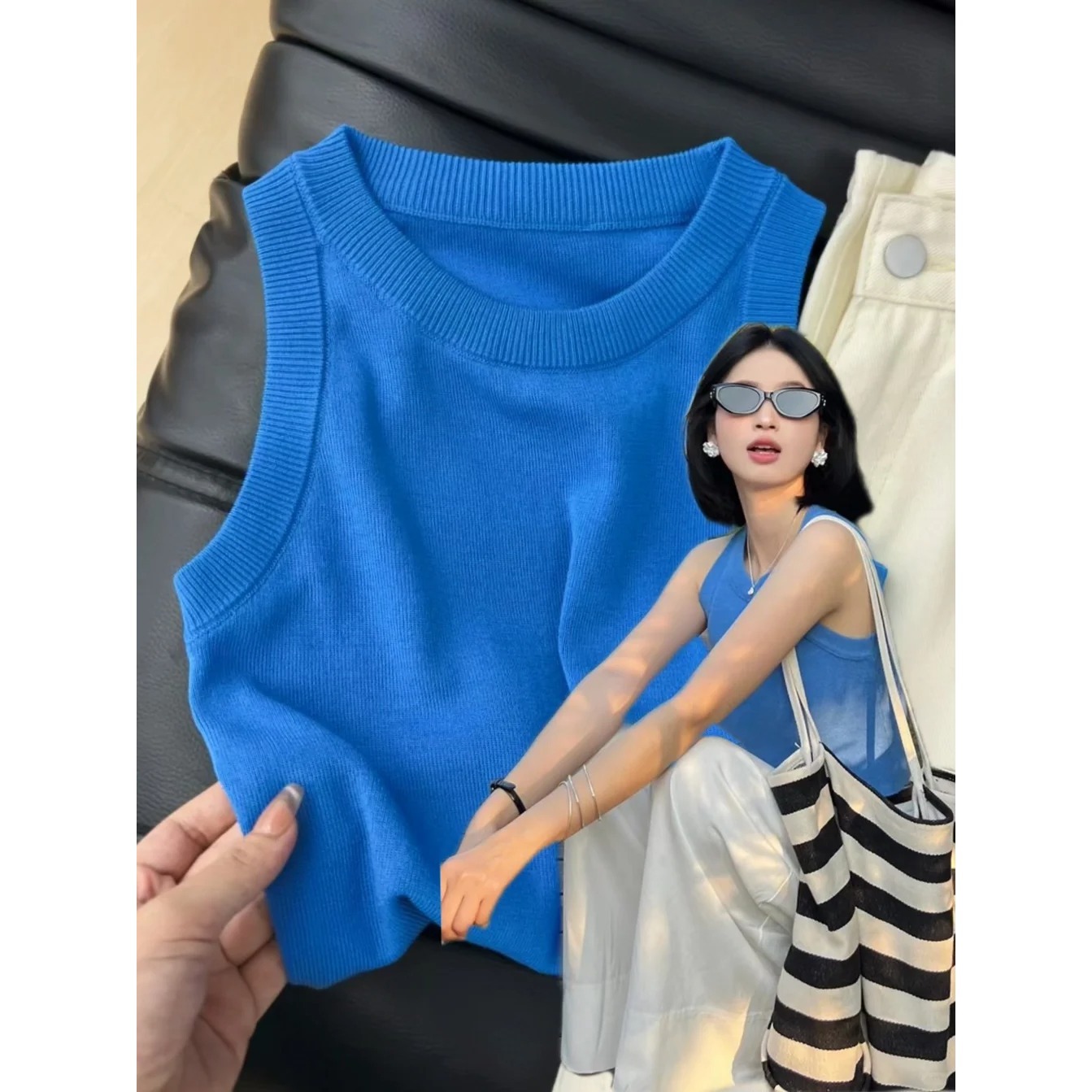 American Retro Outerwear Knitted Vest for Women, Summer Base Layer Sleeveless Top, Hot Girl Side Breast Control Racerback Camisole