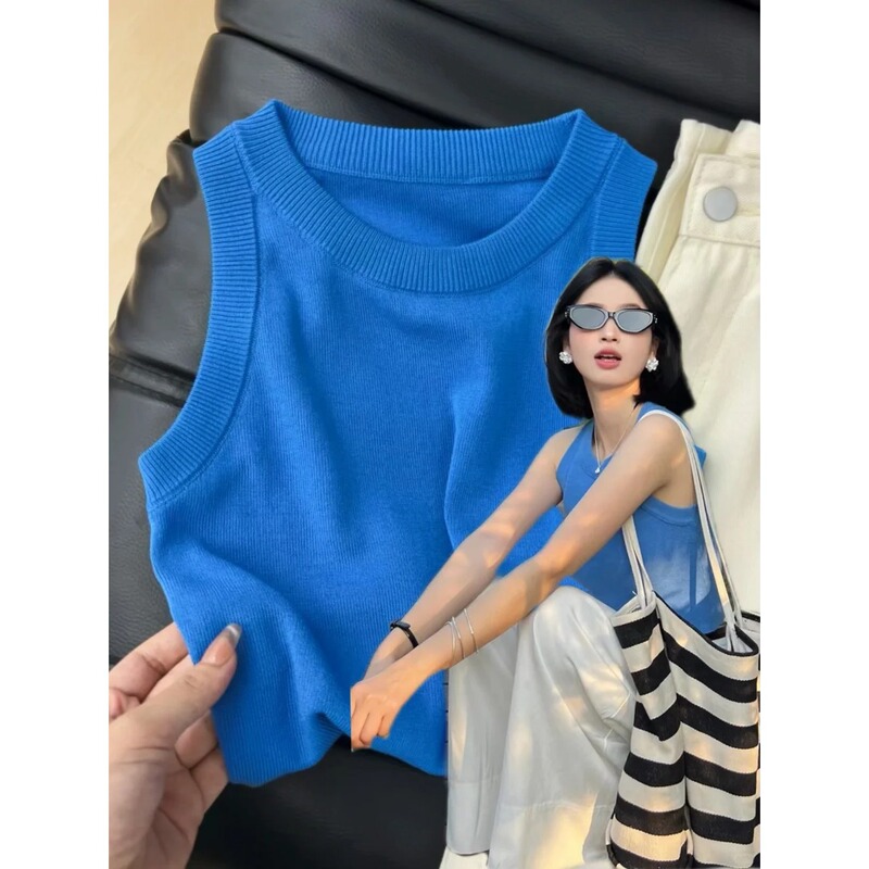 American Retro Outerwear Knitted Vest for Women, Summer Base Layer Sleeveless Top, Hot Girl Side Breast Control Racerback Camisole