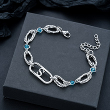 韩版海洋之心文艺蓝水晶手链男女钛钢时尚镶钻蓝色锆石手饰品批发