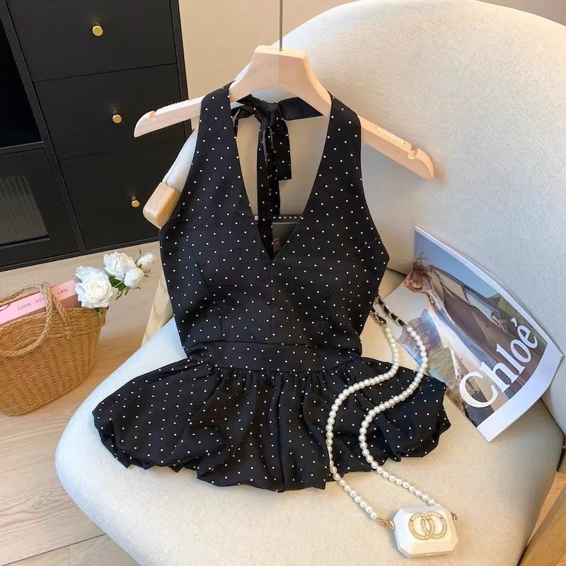 Miu Style Halter V-Neck Polka Dot Vest for Women 2025 Summer Pure Desire Backless Suspender Sleeveless Flower Bud Skirt Top