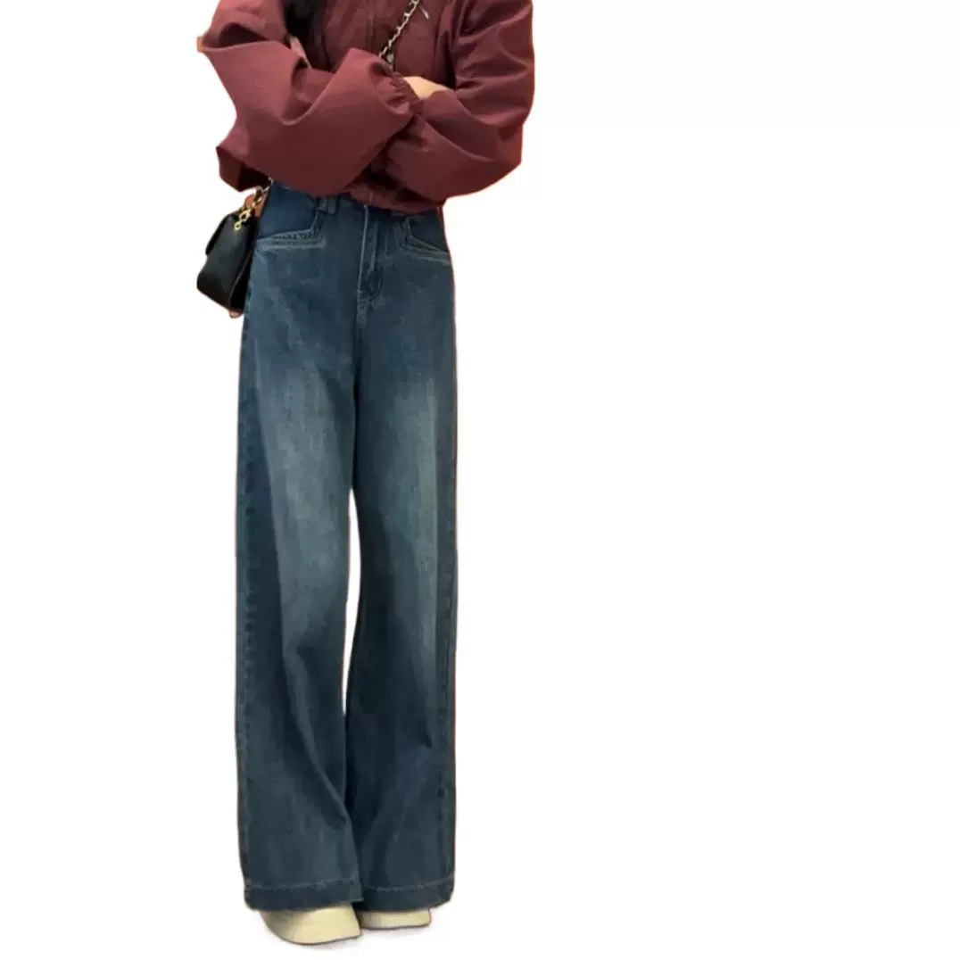 Осенние плюшевые джинсы с высокой талией и широкими ножками женские новые корейские ретро