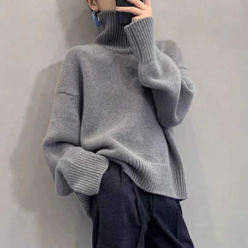 欧货秋冬新款时尚高领针织衫上衣女韩系宽松慵懒风套头打底衫毛衣