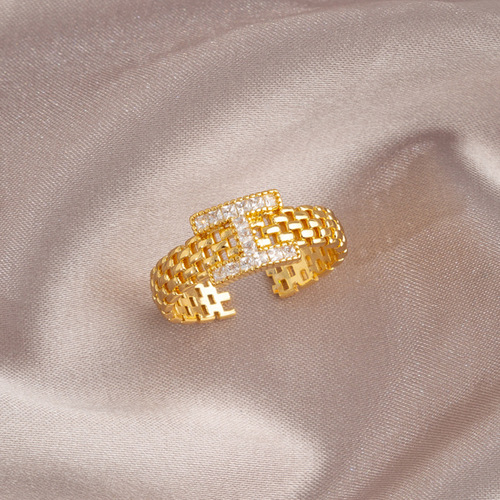 Light luxury and exquisite zircon H letter diamond watch strap ring for women Korean niche versatile high-end index finger ring