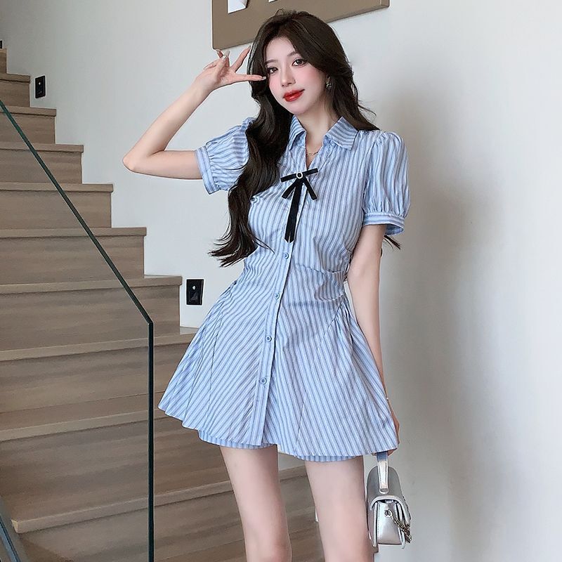 College Style Suit, Waist-Cinching Slimming Skirt, Striped Shirt Dress, Women's Summer High-Waisted Shorts, Fashionable Two-Piece Set