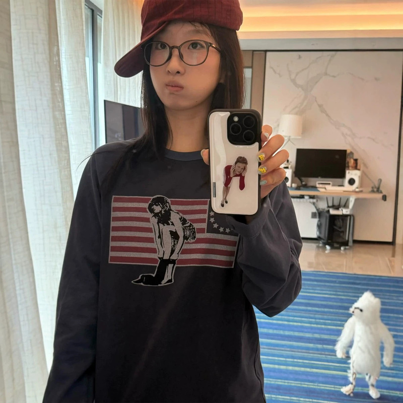 Plus-size vintage American retro street style funny character autumn new loose-fit pure cotton large-size long-sleeve T-shirt for women