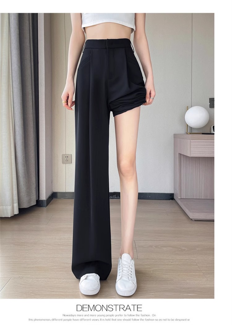 Quần tây nữ cạp cao ống đứng chất lụa băng mỏng mùa hè — Màu đen mẫu thông thường chi tiết 45
