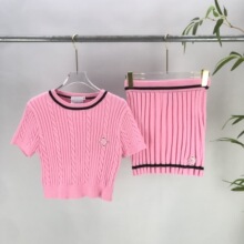 女装套装欧美秋冬新款 Ca条纹针织毛衣圆领短袖+裙子平替跨境欧货