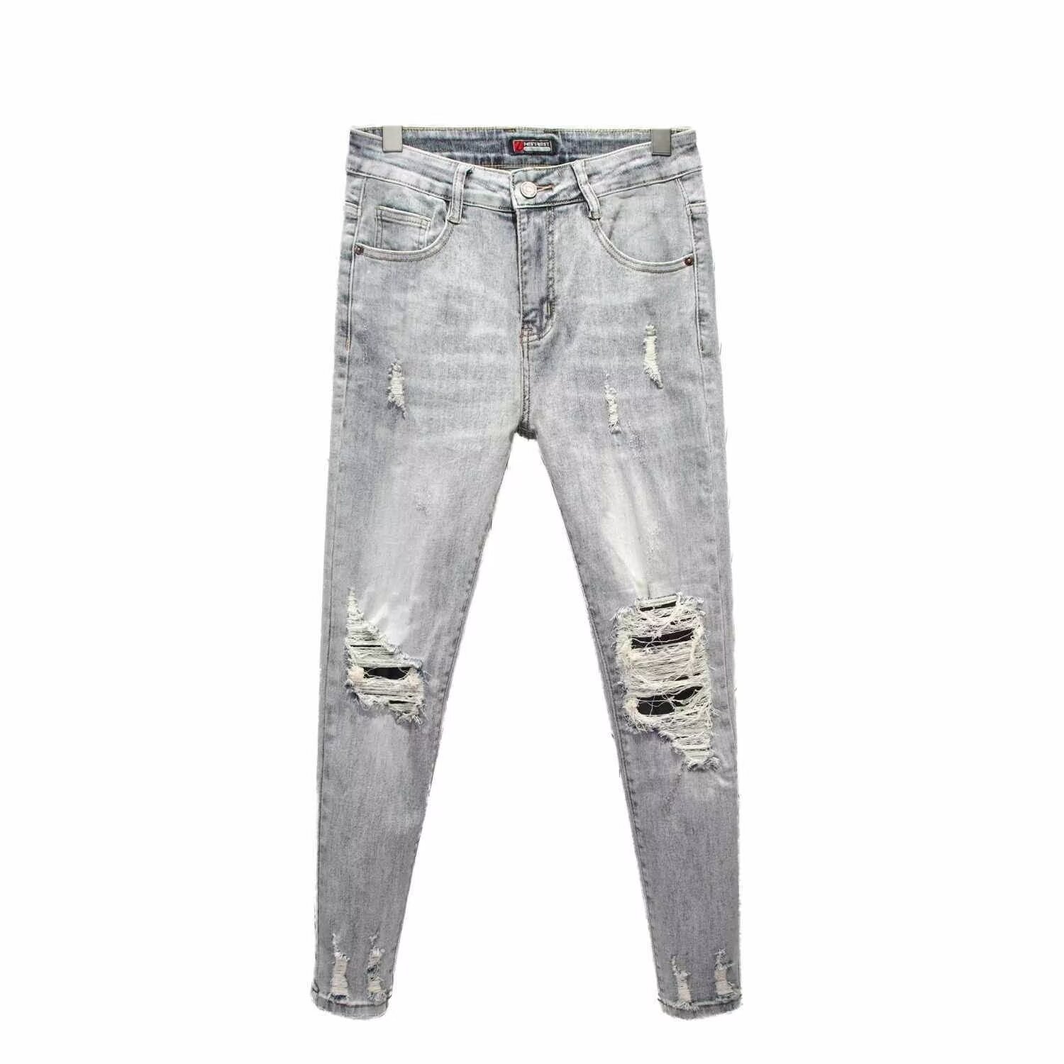 American High Street Ripped Jeans For Men Slim Fit Straight Long Trendy Zipper Cuff Cool Pants Fashion_mkmklike.com