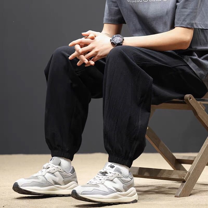 Men's Linen Summer Thin Loose Trendy Casual Pants Cotton-Linen Sports Pants Cropped Pants with Cuffs