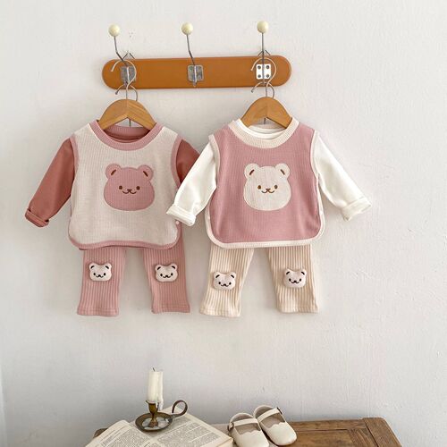  Autumn Infant Girl Bear Head Embroidered Vest + Solid Color Bottoming Shirt + Hollow Striped Leggings 3-piece Set