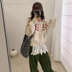 甜美刺绣花朵针织开衫女秋冬新款宽松设计感时尚洋气灰色毛衣外套