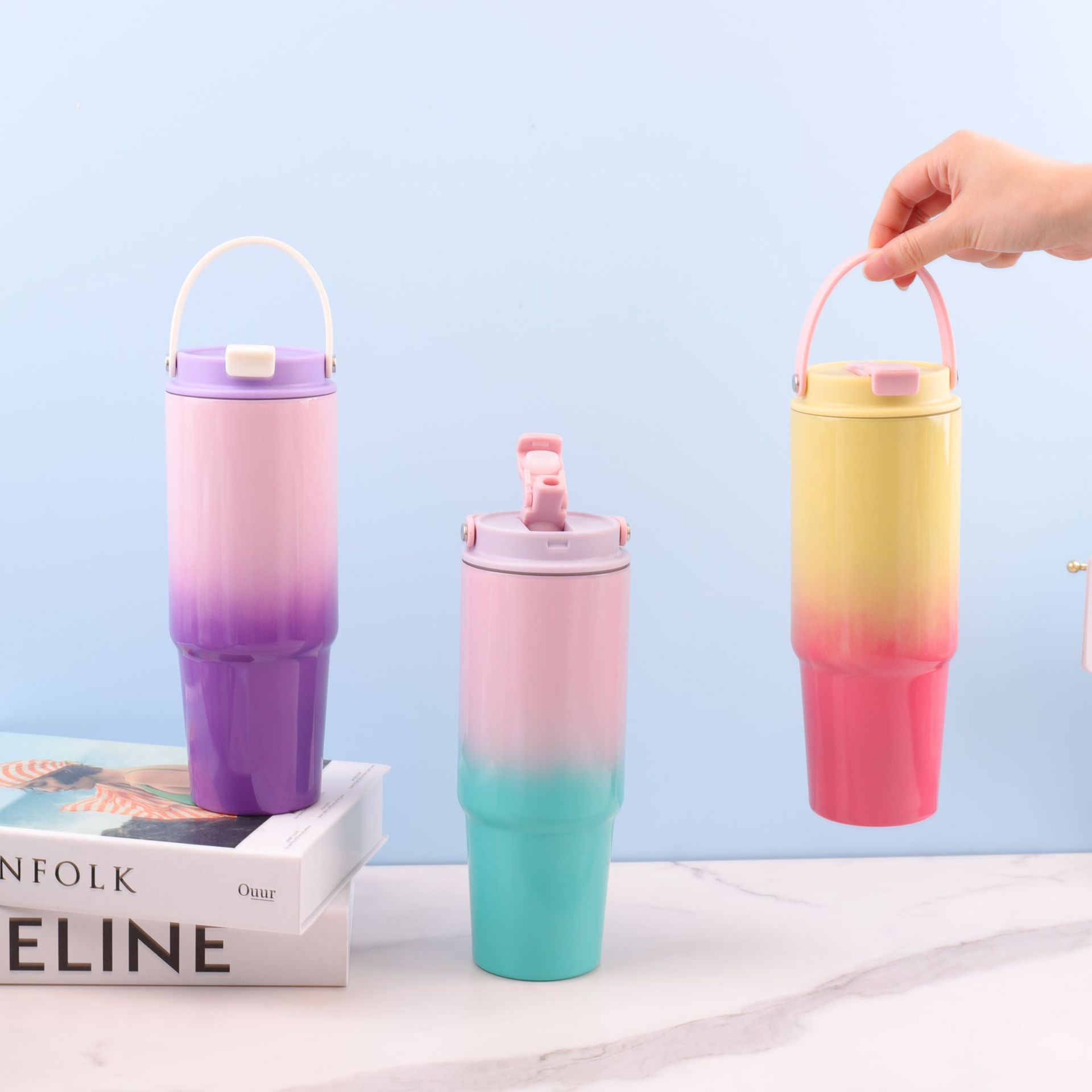 Taza termo portátil de acero inoxidable con color degradado transfronterizo caliente de 30oz, taza de agua para automóvil con pajita portátil al aire libre de gran capacidad
