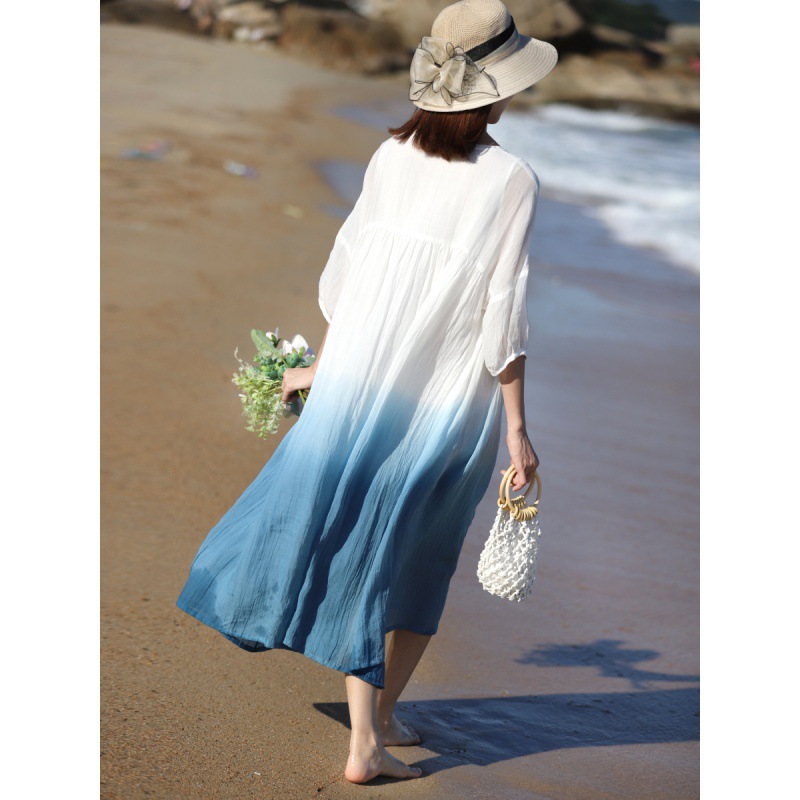 2024 Summer Loose Plus-Size Robe, Chinese Style Gradient Lightweight Ramie Zen Tea Dress, Double-Layered Large Hem Skirt_ecoleips.com