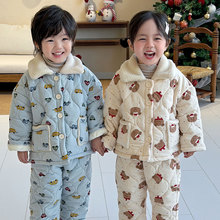 夹棉加厚儿童睡衣冬款男女童三层加棉加绒家居服宝宝卡通保暖睡衣