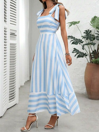 Spring and summer striped parquet suspender dress, high-waist fashion