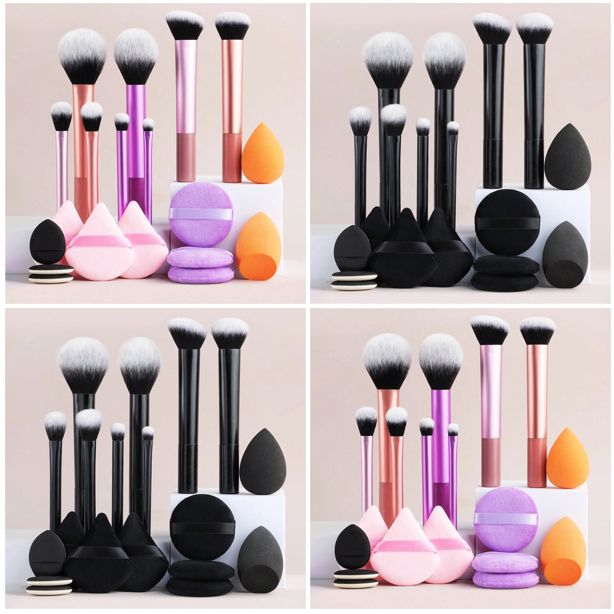 8支多色长管化妆刷套装+9个粉扑 组合套装 黑色 多色可选
