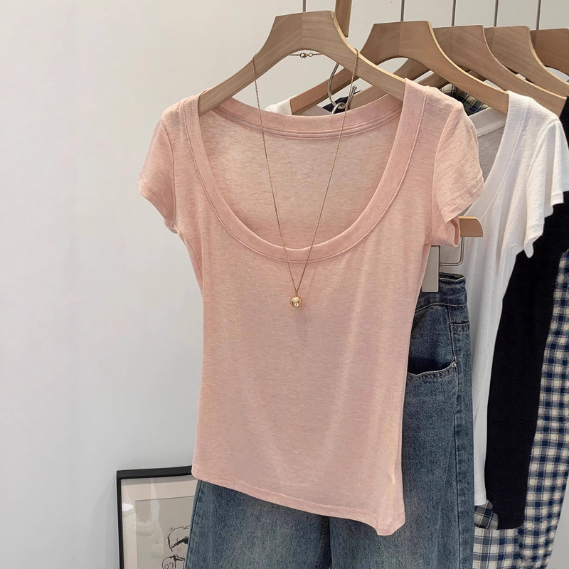 Lyocell Tencel Pink U-Neck Right Shoulder Short-Sleeved T-Shirt Women's Summer New Style Unique and Beautiful Top