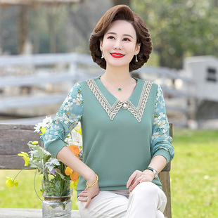 Middle-aged mother spring bottoming shirt 2022 new middle-aged women's spring and autumn long sleeve T-shirt chiffon sleeve upper clothes