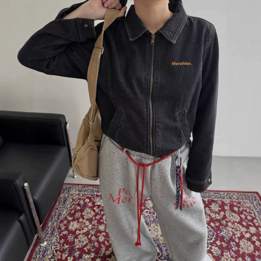 Retro fashionable denim short jacket for men and women with zipper, American style, loose fit