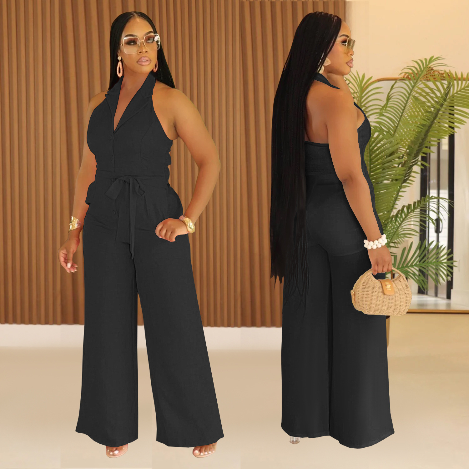 C7368 Cross-border AliExpress Amazon Moda europea y americana Ropa de mujer Verano Casual Color sólido Cuello en V Mono halter Nuevo