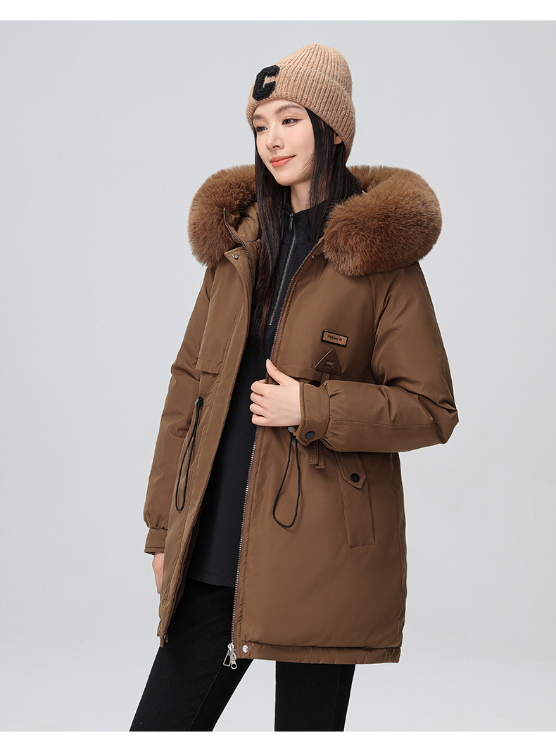 2024 foreign trade overcomes women's winter new Korean version waist cinching slimming hooded big fur collar cotton_voghion.com