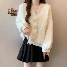 跨境秋冬宽松仿水貂绒立体花朵毛衣开衫小香风高级感针织外套女