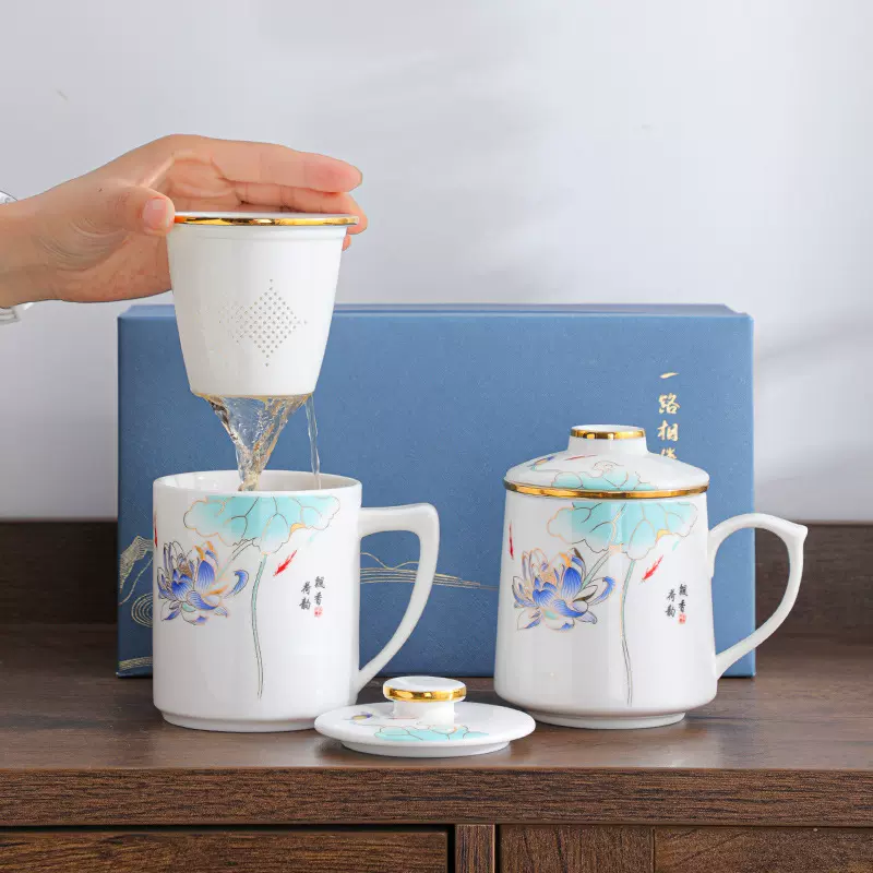 羊脂玉陶瓷马克杯带盖茶水分离办公室水杯家用过滤泡茶杯批发logo